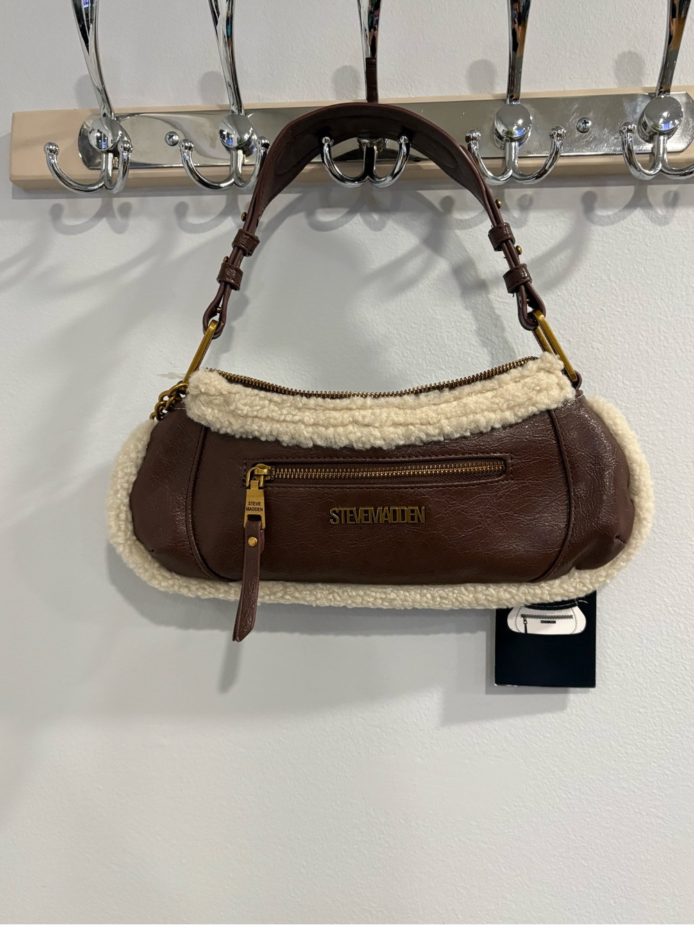 Steve Madden Brown Faux Leather Shoulder Bag with Cream Shearling Trim